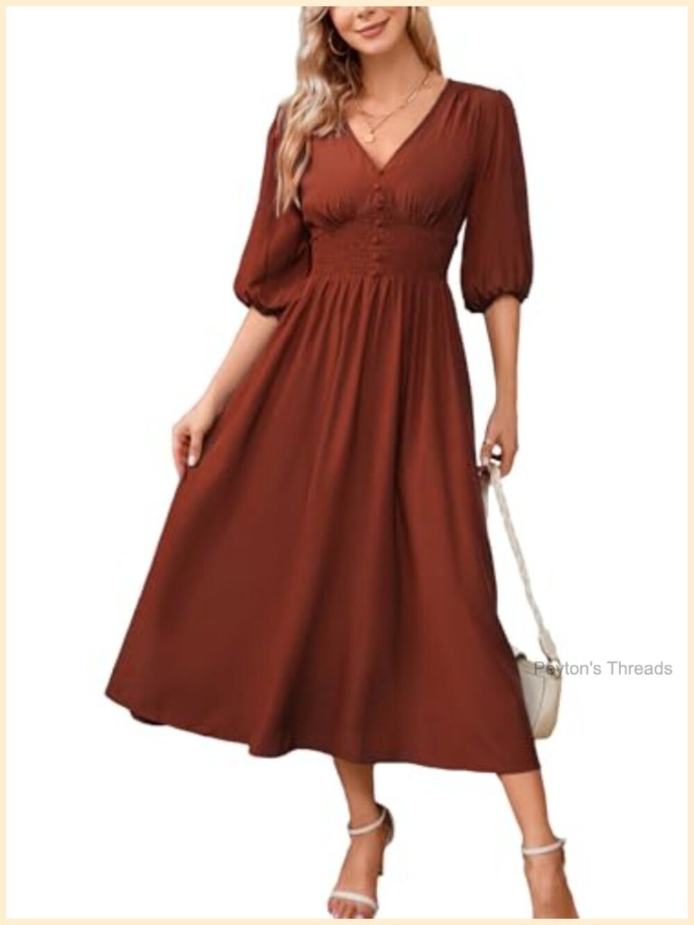Boho V-Neck Smocked Waist Midi Dress 3/4 Sleeve Flowy A-Line Swing